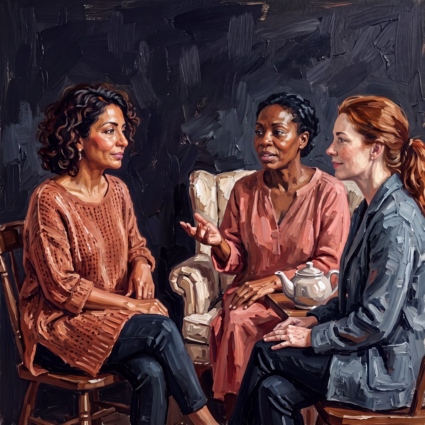 An oil painting of a small group of women with ADHD in the nonprofit sector, in a cohort conversation — Eunoë’s The Confluence