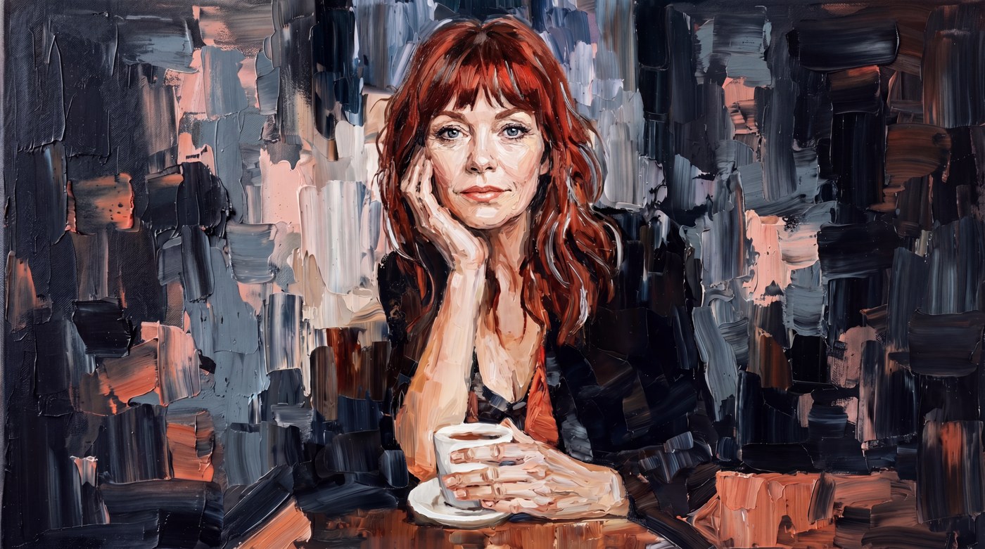 An oil painting of a mid-life woman with ADHD, composed but weary, resting her chin on her hand with a coffee in front of her — in Eunoë's Ink and Coral palette.