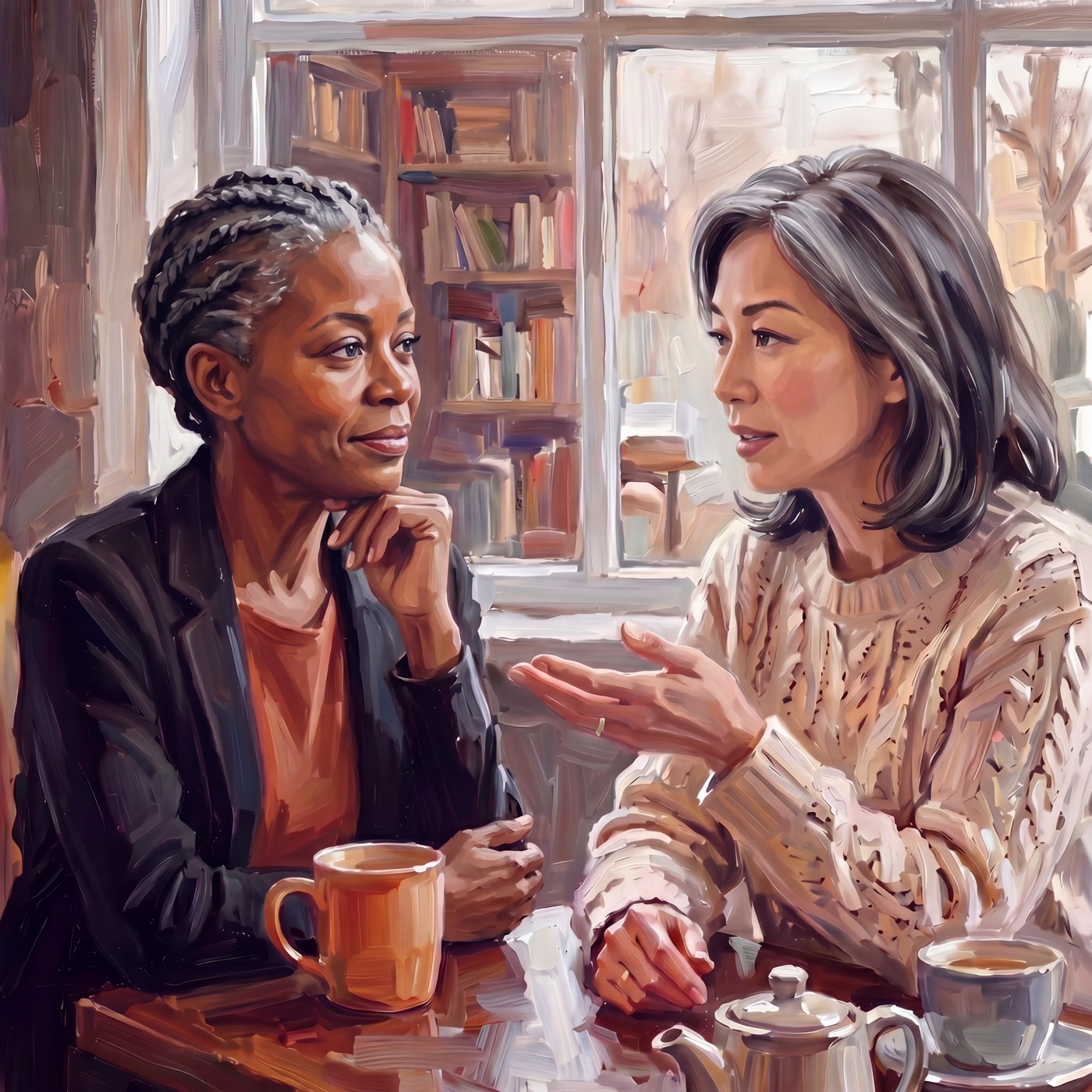 An oil-painted scene of two women in a warm one-to-one conversation — The Seeing, Eunoë’s free first session